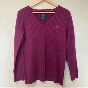 Polo  magenta cable knit v neck 100% cotton sweater